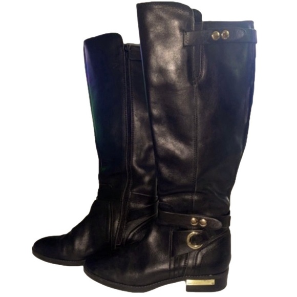 SOLD!!!  VINCE CAMUTO Tall Riding Boots Black Leather Gold Hardware Cowgirl - Picture 3 of 14